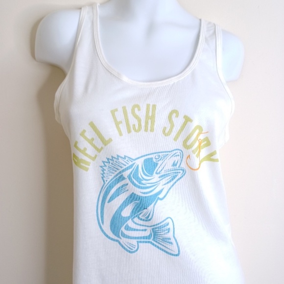 Women's Racerback Tank. Fun Fish Story Spin Humor. Size Medium - Picture 7 of 11